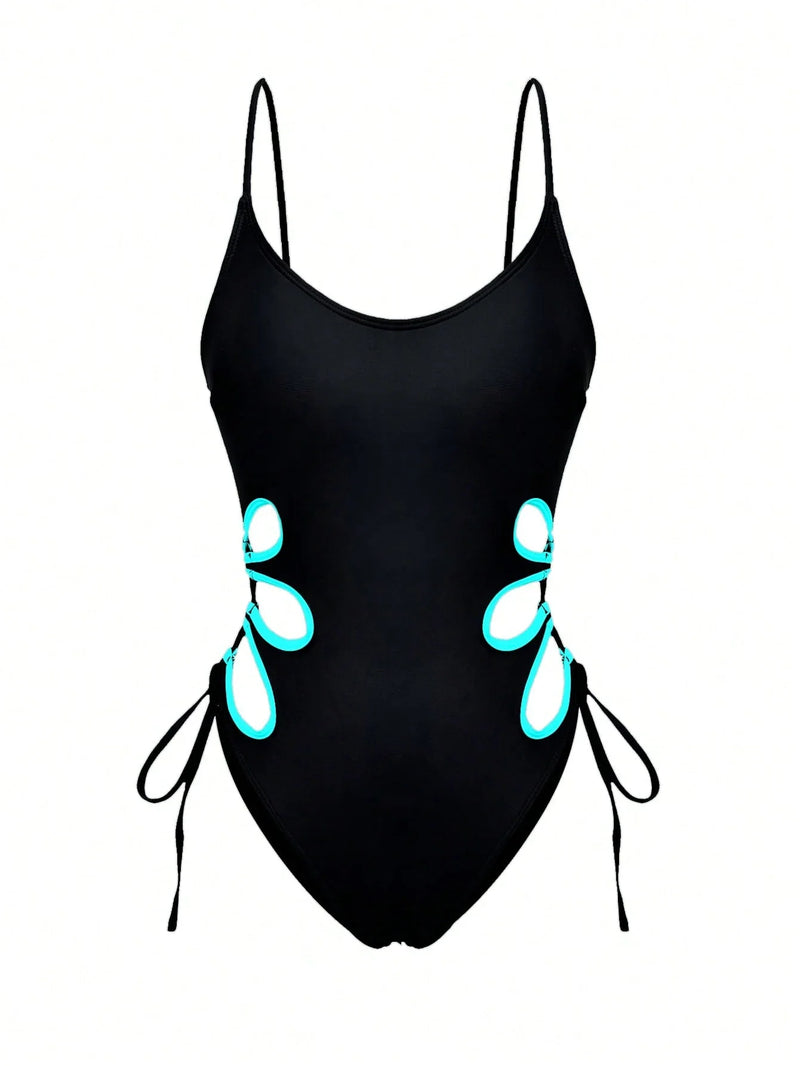 SHEIN 1pc Women's Solid Color Spaghetti Strap Hollow-Out Edge Tie Closure Stylish Sexy Casual One-Piece Swimsuit