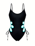 SHEIN 1pc Women's Solid Color Spaghetti Strap Hollow-Out Edge Tie Closure Stylish Sexy Casual One-Piece Swimsuit