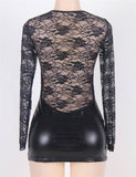 New Leather Patchwork Lace Round Neck Front Pleat Long Sleeve Sexy Leather Miniskir