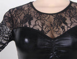 New Leather Patchwork Lace Round Neck Front Pleat Long Sleeve Sexy Leather Miniskir