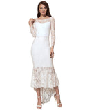 Delicate Floral Lace Low Hem Evening Dress