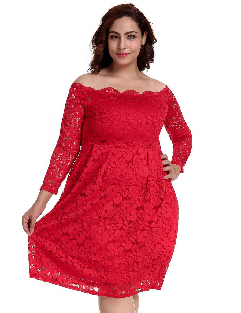 Long Sleeve Fashion Red Lace Midi Dress Egypt