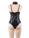 Plus Size Black Leather Exquisite Lace Choker Neck Teddy Lingerie