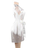 Eyelash Lace Nightdress Silk Long Sleeves Sleepwear with G String