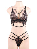 Plus Size Black Floral Embroidery Sheer Mesh Lingerie Set