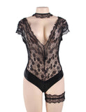 Plus Size Egypt Black Floral Eyelashes Lace Teddy Lingerie