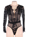 Eyelashes Lace Open Chest Long Sleeve Teddy