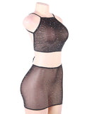 Black Two Piece Fishnet Rhinestone See Through Bikini Top and Short Skirt Egypt Set