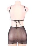 Black Two Piece Fishnet Rhinestone See Through Bikini Top and Short Skirt Set
