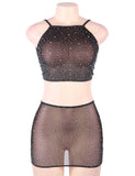 Black Two Piece Fishnet Rhinestone See Through Bikini Top and Short Skirt Set
