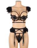 Sexy Egypt 3pcs Embroidery Applique Feather Bra Panty Set With Underwire