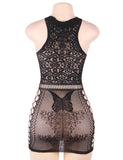 Bodystocking Egypt Crotchet Mesh Hollow-out Black Mini Chemise Dress With Gloves