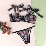 New Floral Print Lace Bra Set With Underwire With Farawlaya