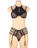Sexy Velvet Floral Lace Patchwork Gartered Lingerie Egypt Set With Underwire