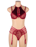 Sexy Egypt Velvet Floral Lace Patchwork Gartered Lingerie Set With Underwire