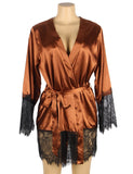 Black Silk Satin Lace Sexy Women Kimono Home Pajamas