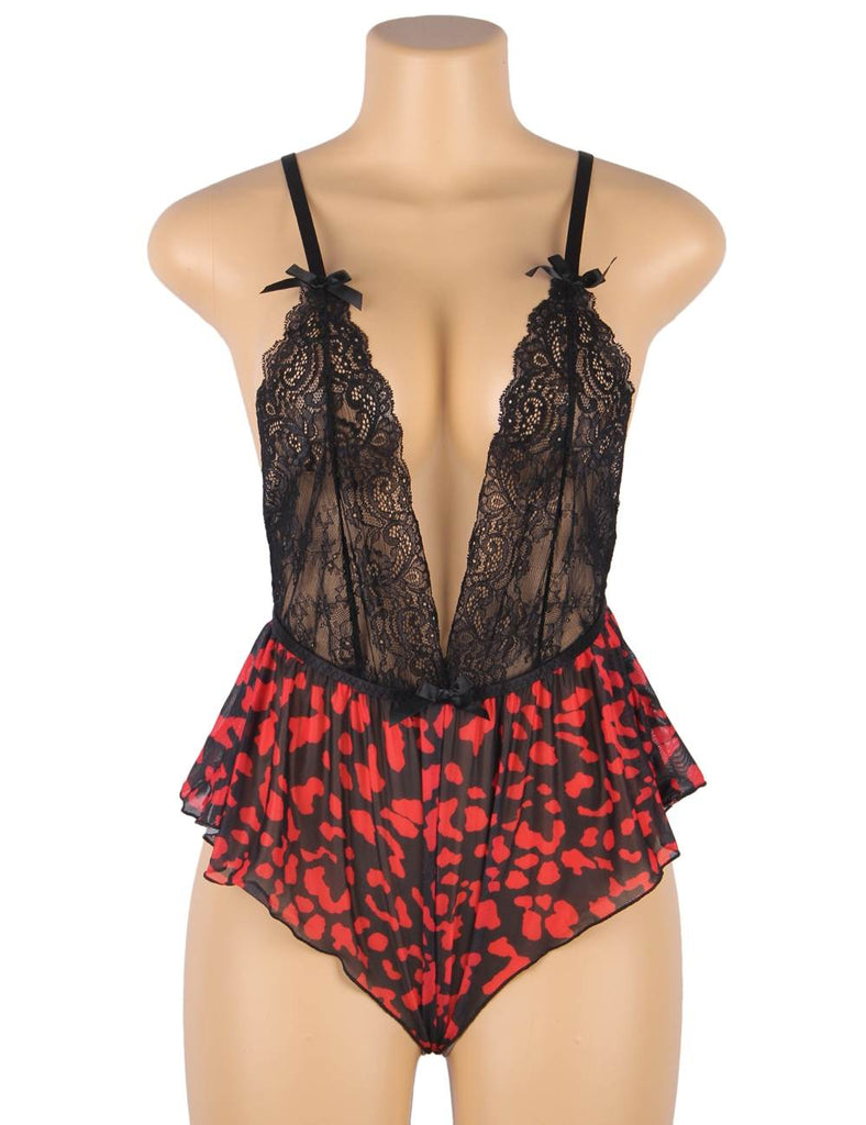Fashion Sexy Lace Floral Print Plunge Neck Teddy