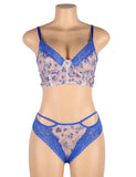 Plus Size Egypt Blue Lace floral stitching Cross Straps Bra Set With Underwire