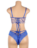 Plus Size Egypt Blue Lace floral stitching Cross Straps Bra Set With Underwire
