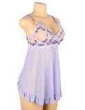 Sexy Purple Back Slit Embroidery Transparent Mesh Babydol