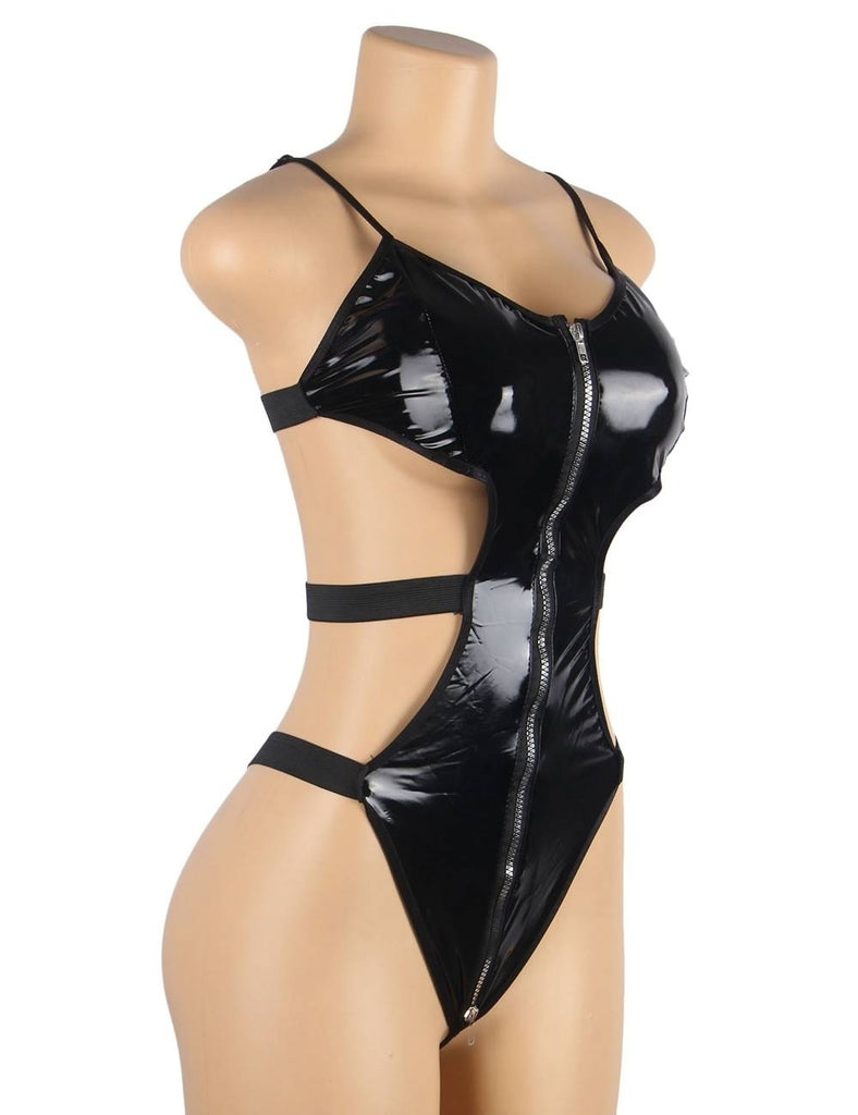 Black Leather Exquisite Backless Teddy With Choker Neck