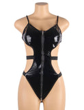 Black Leather Exquisite Backless Teddy With Choker Neck