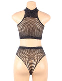 Black Two Piece Fishnet Rhinestone See Through Bikini Egypt Top and Shorts Set