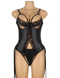Black PU Leather Egypt Sexy Lace Hollow Out Bodysuit