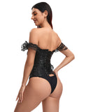 Black off Shoulder 12 Steel Bones Lace Corset with Panties