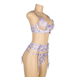 Purple Embroidery Floral Lace Underwire Garter Bra Set Egypt