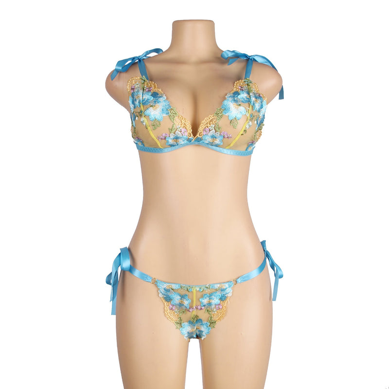 Blue Floral Embroidery Lace Detachable Strap Bra Set Egypt