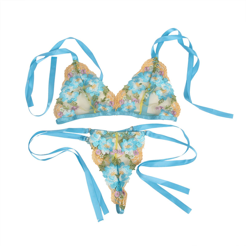 Blue Floral Embroidery Lace Detachable Strap Bra Set Egypt