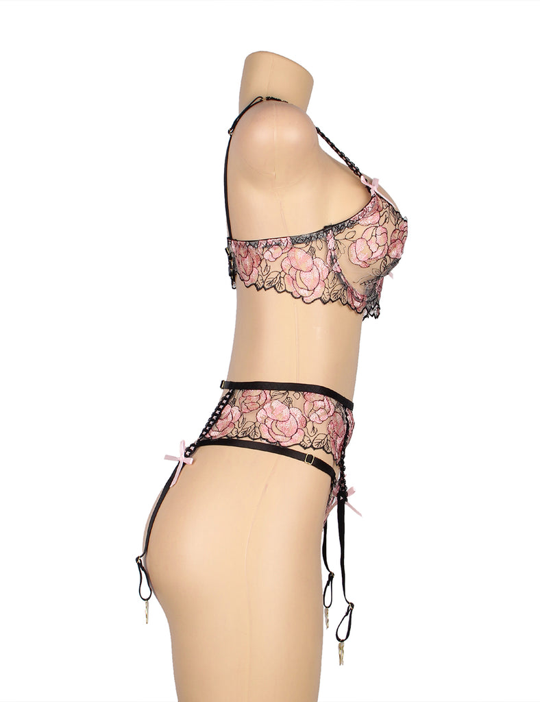 New Pink Floral Lace Underwire Garter Bra Set