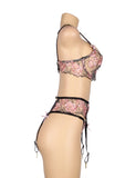 New Pink Floral Lace Underwire Garter Bra Set