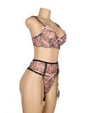 Pink Floral Lace Underwire Garter Bra Set