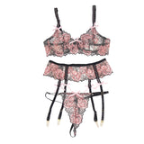 Pink Floral Lace Underwire Garter Bra Set