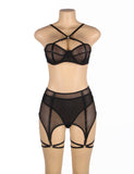 Black Mesh Underwire Garter Lingerie Set