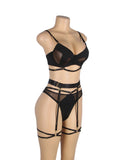 New Black Mesh Underwire Garter Lingerie Set