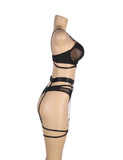 New Black Mesh Underwire Garter Lingerie Set