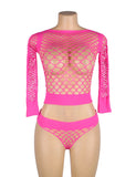 Pink Long Sleeve Two-Piece Bodystocking With Fishnet Crop Top And Bottom