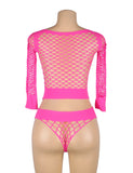 Pink Long Sleeve Two-Piece Bodystocking With Fishnet Crop Top And Bottom