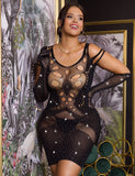 Plus Size Black Sexy Sparkle Glitter Rhinestone Fishnet Hollow Bodystocking