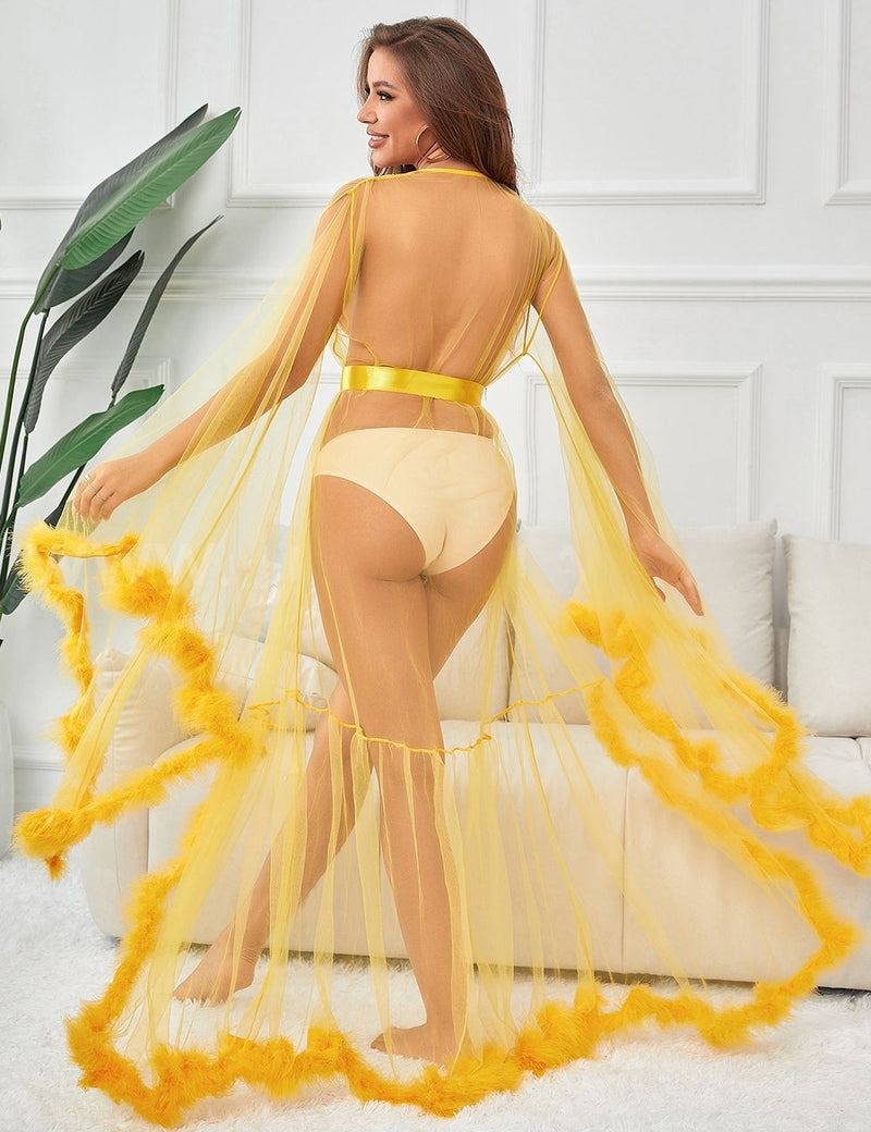 New Sexy Plush Edging Mesh Wide Sleeves Robe With Belt