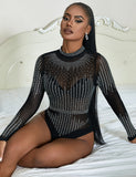 Black Long-Sleeved Rhinestone Mesh See-Through Bodysuit