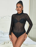 Black Long-Sleeved Bronzing Mesh See-Through Bodysuit