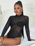 Black Long-Sleeved Bronzing Mesh See-Through Bodysuit