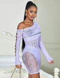 White & Purple & Black Long-Sleeved One Shoulder Sexy Mesh Bodystocking