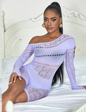 White & Purple & Black Long-Sleeved One Shoulder Sexy Mesh Bodystocking