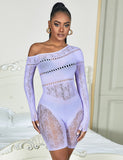 White & Purple & Black Long-Sleeved One Shoulder Sexy Mesh Bodystocking