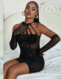 Black Sexy Sparkle Glitter Rhinestone Fishnet Hollow Bodystocking